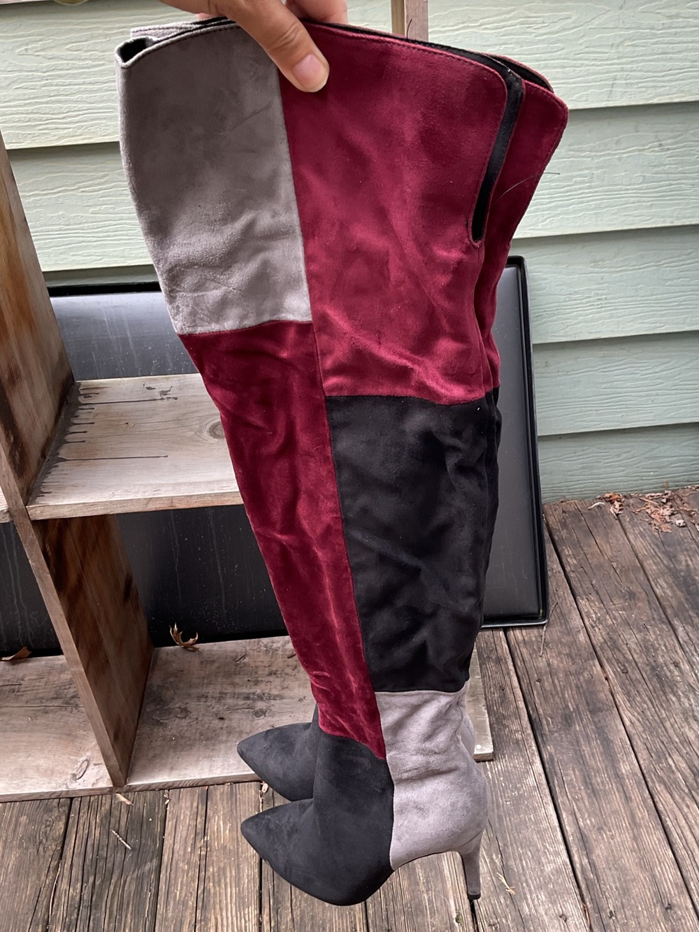 Women's Over-the-Knee Colorblock Suede Boots - Burgundy/Black/Gray